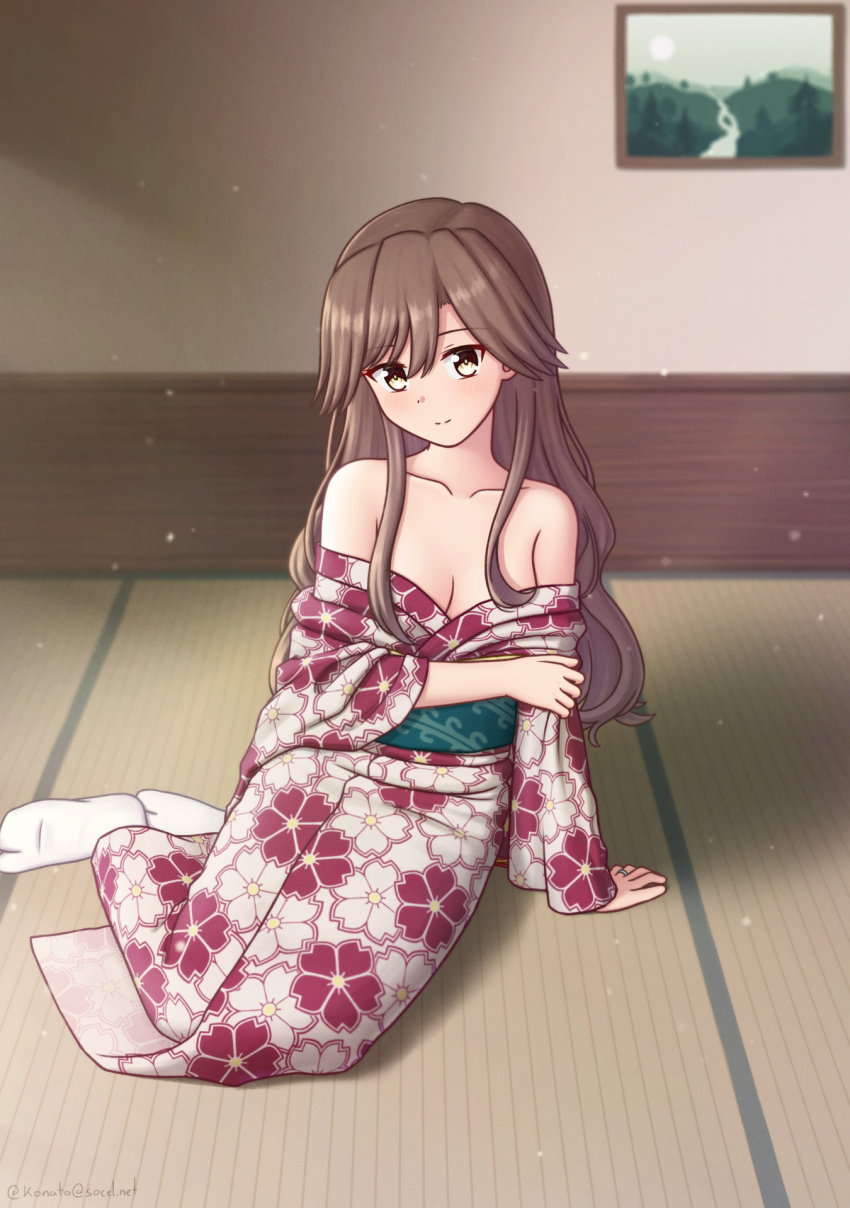 arashio_(kancolle) arashio_(new_year)_(kancolle) breasts brown_eyes brown_hair floral_print highres japanese_clothes kantai_collection kimono kimono_partially_removed konato_k long_hair official_alternate_costume painting_(object) pink_kimono sitting small_breasts socks tabi tatami white_socks yokozuwari