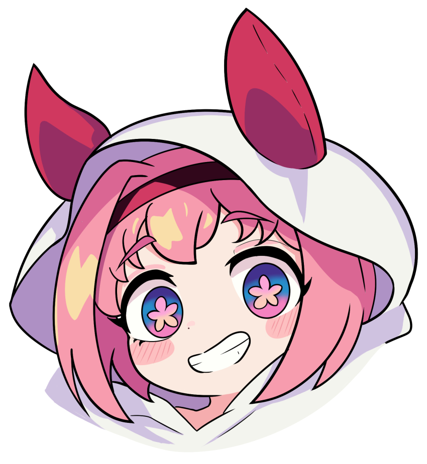 1girl animal_ears blush bow ear_bow ear_covers flower-shaped_pupils flower_in_eye ghost halloween haru_urara_(umamusume) highres horse_ears horse_girl long_hair mem_chi open_mouth original pink_eyes pink_hair ponytail smile solo symbol-shaped_pupils symbol_in_eye umamusume