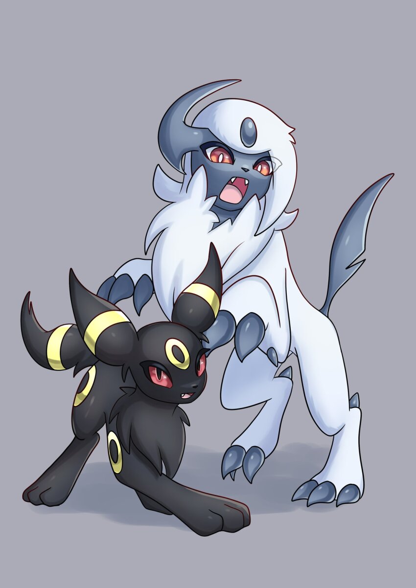 absol animal animal_focus black_eyes claws gen_2_pokemon gen_3_pokemon highres horns nintendo no_humans open_mouth pokemon pokemon_(creature) red_eyes single_horn soruva_359 umbreon white_hair