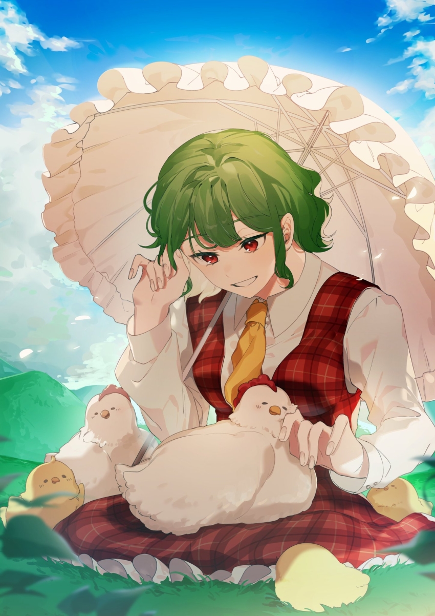 1girl animal animal_on_lap ascot bird bird_on_lap black_eyes blue_sky blush breasts chick chicken closed_eyes closed_mouth cloud cloudy_sky collared_shirt colored_skin fingernails frills grass green_hair grey_shirt grey_skin hair_between_eyes hands_up highres kazami_yuuka laspberry. leaf long_sleeves looking_down looking_to_the_side medium_breasts mountain nature on_lap open_clothes open_vest outdoors parasol plaid_clothes plaid_skirt plaid_vest puffy_long_sleeves puffy_sleeves red_eyes red_skirt scenery seiza shirt short_hair sidelocks sitting sitting_on_person skirt sky smile standing sunlight teeth touhou umbrella vest wings yellow_ascot yellow_skin