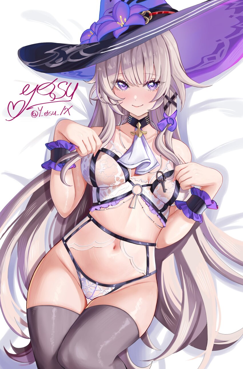 1girl absurdres ascot bed_sheet black_hat black_thighhighs blush bra brown_hair closed_mouth collarbone commentary frilled_wrist_cuffs frills hair_between_eyes hashtag-only_commentary hat herta_(honkai:_star_rail) highres honkai:_star_rail honkai_(series) long_hair looking_at_viewer lying navel on_back panties purple_eyes purple_hat signature simple_background smile solo stomach the_herta_(honkai:_star_rail) thighhighs twitter_username two-tone_hat underwear very_long_hair white_ascot witch_hat wrist_cuffs y_osu
