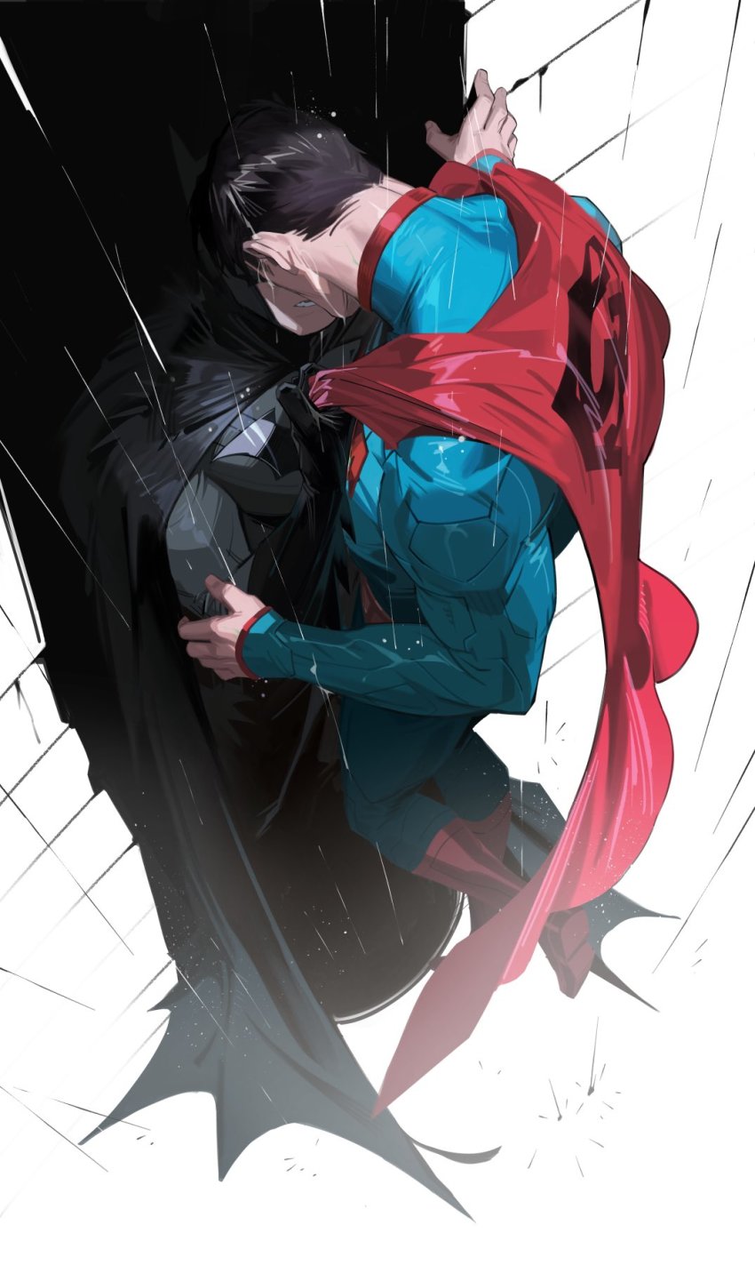 2boys batman batman_(series) black_cape black_gloves black_hair blue_bodysuit bodysuit bruce_wayne cape clark_kent couple dc_comics gloves grey_bodysuit highres large_pectorals looking_at_another male_focus mask multiple_boys muscular muscular_male pectorals rain red_cape short_hair superhero_costume superman superman_(series) water_drop white-corner yaoi