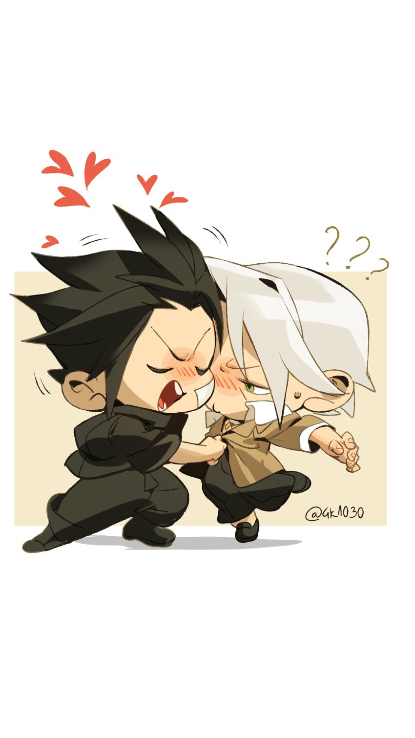 2boys 4k1030 ? ?? absurdres bandaid bandaid_on_cheek bandaid_on_face black_boots black_hair black_jacket black_pants blush boots border brown_jacket chibi chibi_only closed_eyes clothes_grab collared_shirt delinquent final_fantasy final_fantasy_vii final_fantasy_vii_ever_crisis furrowed_brow gakuran grey_hair highres jacket male_focus multiple_boys official_alternate_costume open_mouth pants parted_bangs school_uniform sephiroth sephiroth_(ever_crisis) sephiroth_(shinra_private_academy) shirt shirt_grab sweater twitter_username white_border white_shirt yellow_sweater zack_fair_(midgard_seventh_high_school)