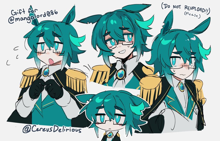 1boy animal_ears black-framed_eyewear black_cape black_gloves blue_eyes blue_hair blush cape cereusdelirious chibi closed_mouth cyan_(horse_race_tests) flying_sweatdrops gift_art glasses gloves highres horse_boy horse_ears horse_race_tests long_sleeves looking_at_viewer open_mouth rectangular_eyewear semi-rimless_eyewear short_hair simple_background smile solo sweat twitter_username under-rim_eyewear watermark white_background
