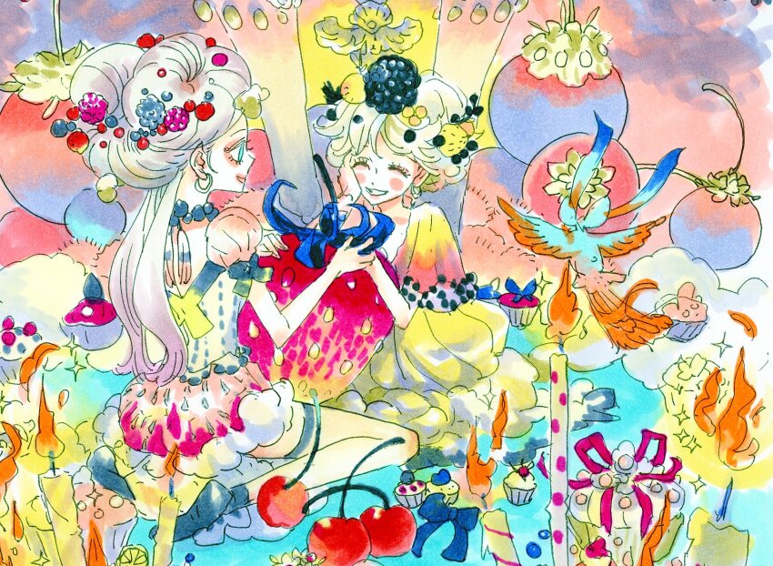 2girls ^_^ anno_moyoco bird blonde_hair blush cherry chocolat_meilleure closed_eyes commentary_request cupcake earrings food fruit half_updo hand_on_own_face highres holding holding_food jewelry multiple_girls puffy_short_sleeves puffy_sleeves short_sleeves sitting smile strawberry sugar_sugar_rune vanilla_mieux wide_sleeves