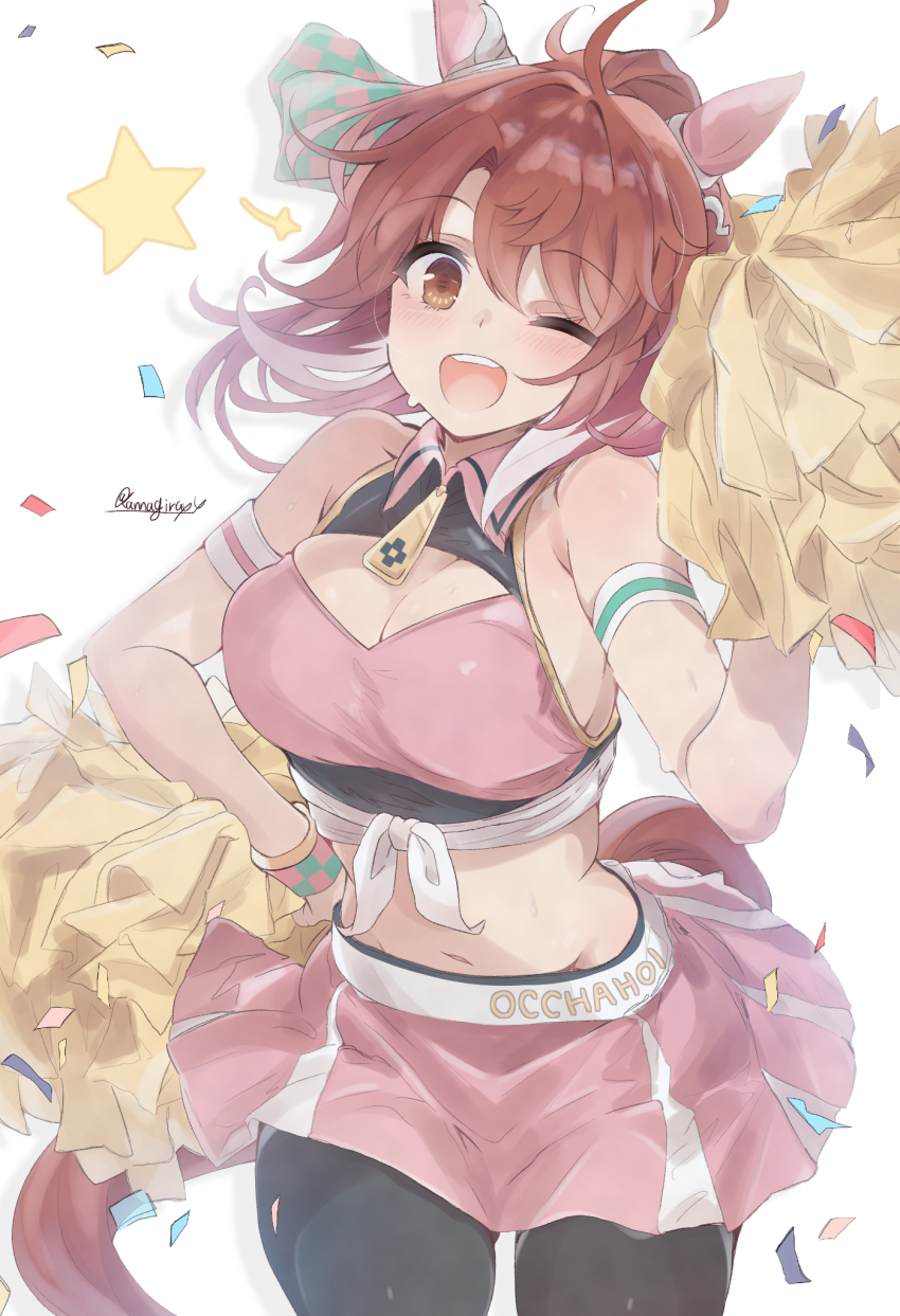 1girl ;d ahoge animal_ears breasts brown_eyes brown_hair cleavage cleavage_cutout clothing_cutout commentary_request dantsu_flame_(umamusume) ear_covers highres holding holding_pom_poms horse_ears horse_girl horse_tail kannagiray large_breasts looking_at_viewer midriff navel one_eye_closed open_mouth pink_skirt pom_pom_(cheerleading) pom_poms short_hair simple_background skirt smile solo star_(symbol) tail teeth twitter_username umamusume upper_teeth_only white_background
