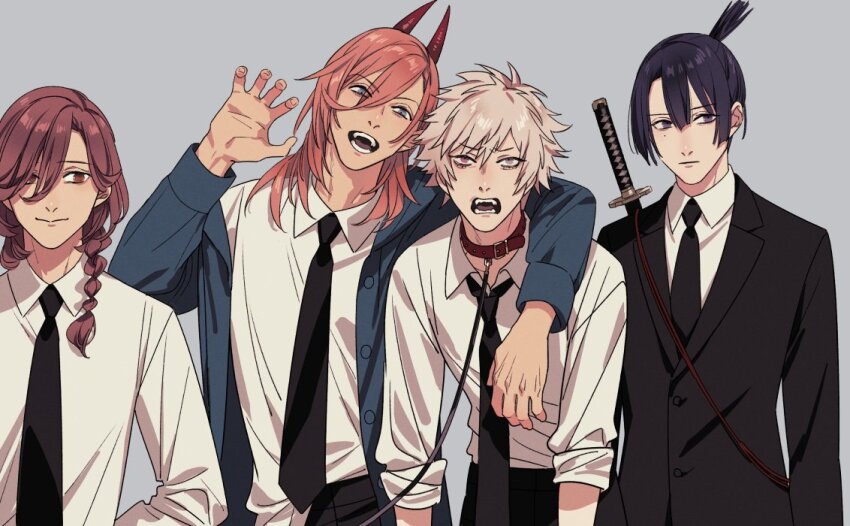 4boys :d :| arm_around_shoulder arm_behind_back belt_collar black_hair black_jacket black_necktie black_pants blue_eyes blue_hair blue_jacket braid brown_eyes brown_hair chainsaw_man claw_pose closed_mouth collar collared_shirt cosplay dark_blue_hair denji_(chainsaw_man) denji_(chainsaw_man)_(cosplay) fangs grey_background grey_eyes grey_hair hair_between_eyes hair_over_one_eye hair_over_shoulder hayakawa_aki hayakawa_aki_(cosplay) heterochromia hijirikawa_masato holding holding_behind_back holding_sword holding_sword_behind_back holding_weapon holding_weapon_behind_back horns jacket jinguuji_ren katana kotobuki_reiji kurosaki_ranmaru leash looking_at_viewer makima_(chainsaw_man) makima_(chainsaw_man)_(cosplay) male_focus medium_hair mole mole_under_eye multiple_boys necktie off_shoulder open_mouth orange_hair oreebis_re pants power_(chainsaw_man) power_(chainsaw_man)_(cosplay) red_collar red_eyes ringed_eyes scowl shirt shirt_partially_tucked_in shirt_tucked_in short_hair simple_background single_braid sleeves_rolled_up smile straight_hair suit_jacket sword teeth topknot upper_body uta_no_prince-sama weapon white_shirt