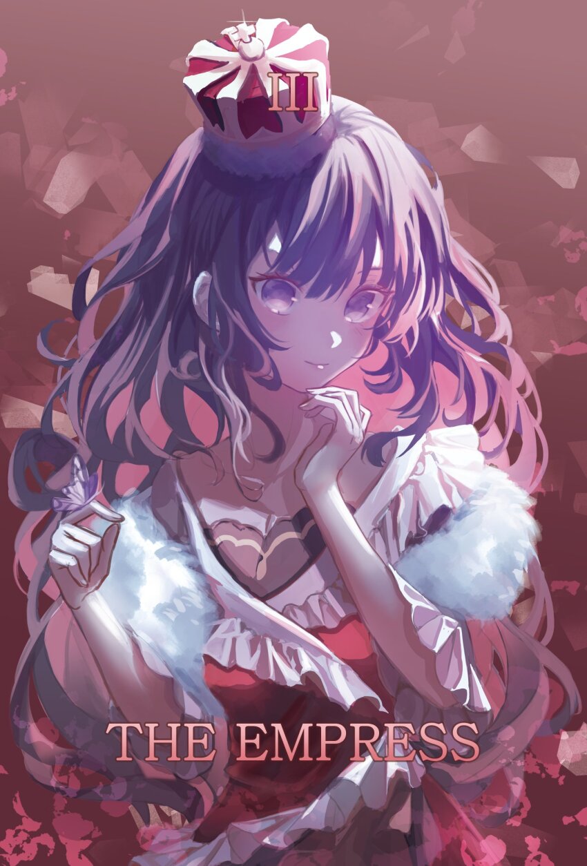 1girl black_hair blunt_bangs bug butterfly butterfly_on_hand closed_mouth crown dress feather_boa frilled_dress frills hand_on_own_chin heroine_(lovebrush_chronicles) highres insect korean_commentary long_hair lovebrush_chronicles purple_eyes ran_78 red_background red_dress roman_numeral short_sleeves smile solo tarot the_empress_(tarot) upper_body