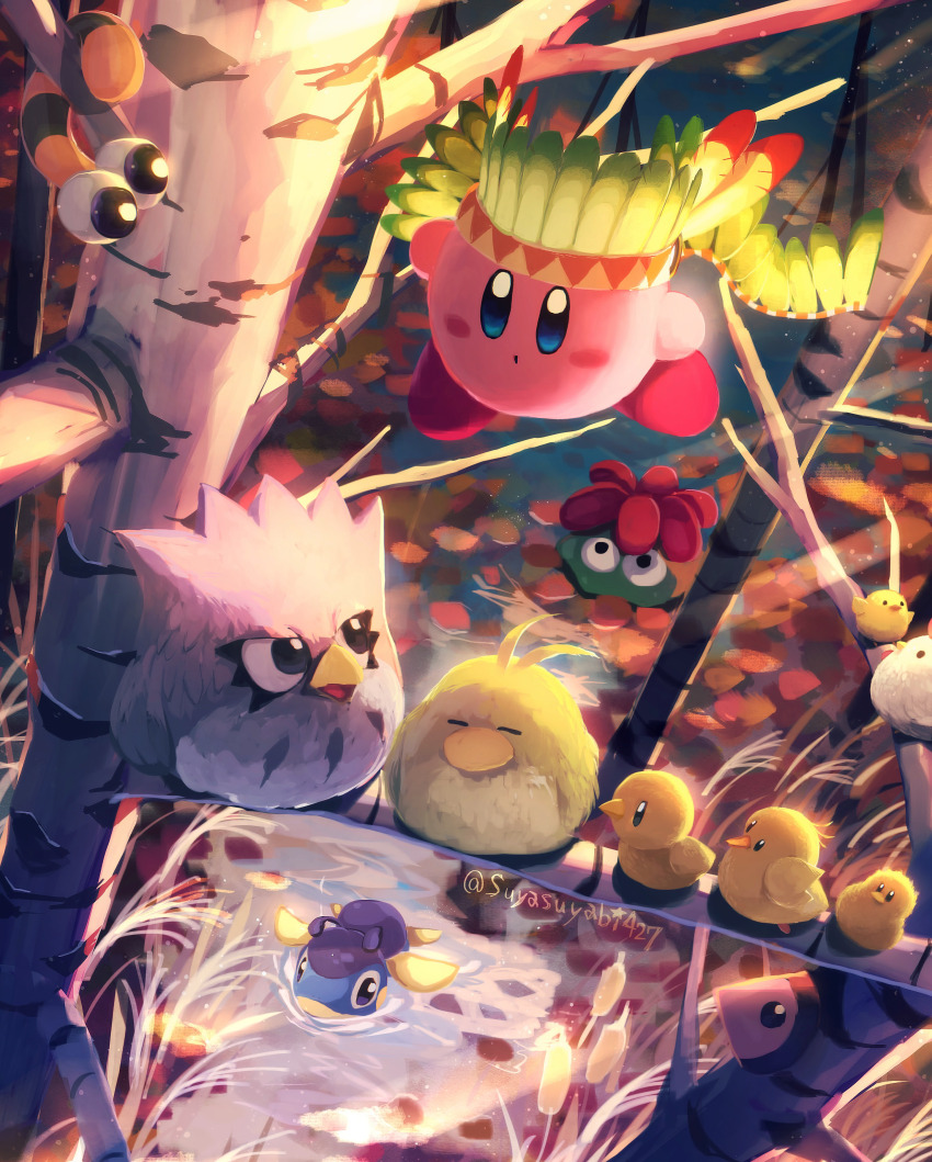 absurdres apolo_(kirby) autumn_leaves baby_animal bird blue_eyes blush_stickers capiller_(kirby) cattail chick chicken closed_eyes coo_(kirby) dappled_sunlight flying glunk_(kirby) highres kirby kirby_(series) leaf looking_at_another nintendo pitch_(kirby) plant sunlight suyasuyabi tookey tree twizzy walf water wing_kirby