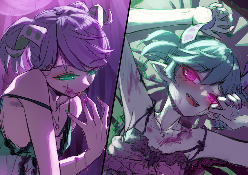 2girls arianna_the_labrynth_servant arianne_the_labrynth_servant blood camisole demon_girl demon_horns duel_monster fangs green_eyes grey_hair highres horns indoors jewelry medium_hair multiple_girls nail_polish necklace on_bed open_mouth pink_eyes pointy_ears shun_no_shun smile yu-gi-oh! yuri
