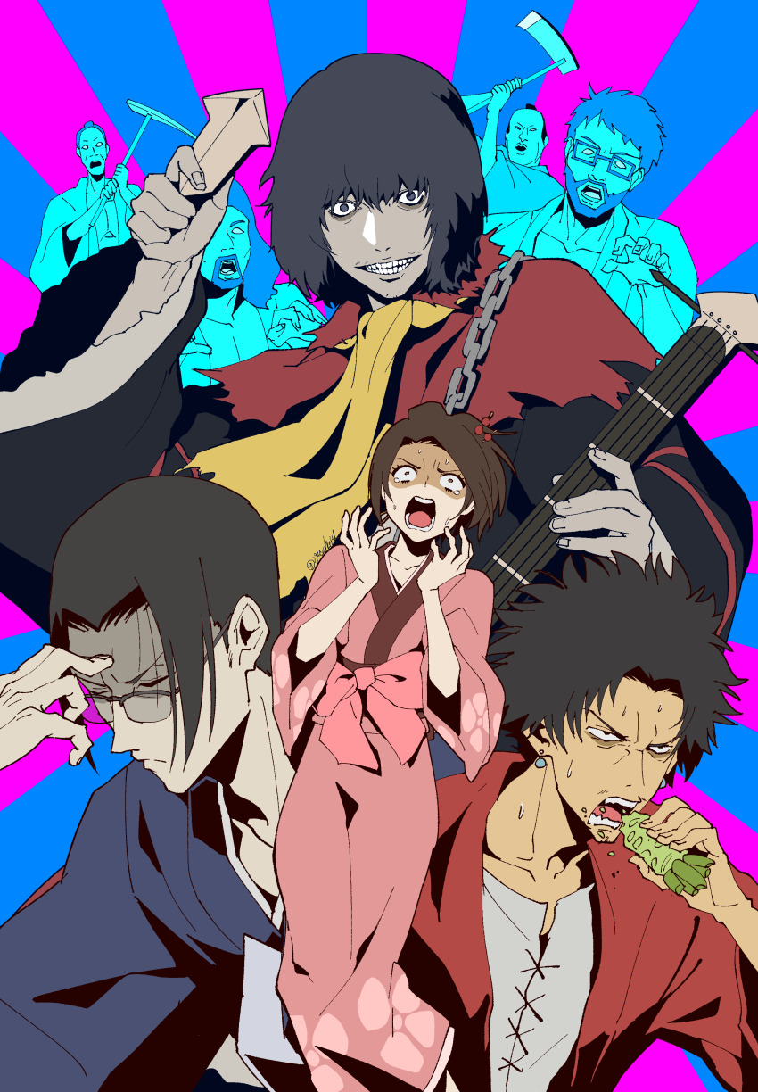 1girl 6+boys absurdres ascot bags_under_eyes black_hair blue_shirt brown_hair chain character_request clenched_teeth colored_skin earrings eating furrowed_brow fuu_(samurai_champloo) glasses grey_shirt grey_skin hair_between_eyes hair_ornament hair_stick hand_to_forehead highres holding holding_instrument igusaharu instrument jacket japanese_clothes jewelry jinnosuke kimono long_hair mugen_(samurai_champloo) multiple_boys open_mouth parted_bangs pink_kimono red_jacket samurai_champloo shaded_face shirt short_hair shouting teeth torn_clothes twitter_username upper_body wide-eyed yellow_ascot