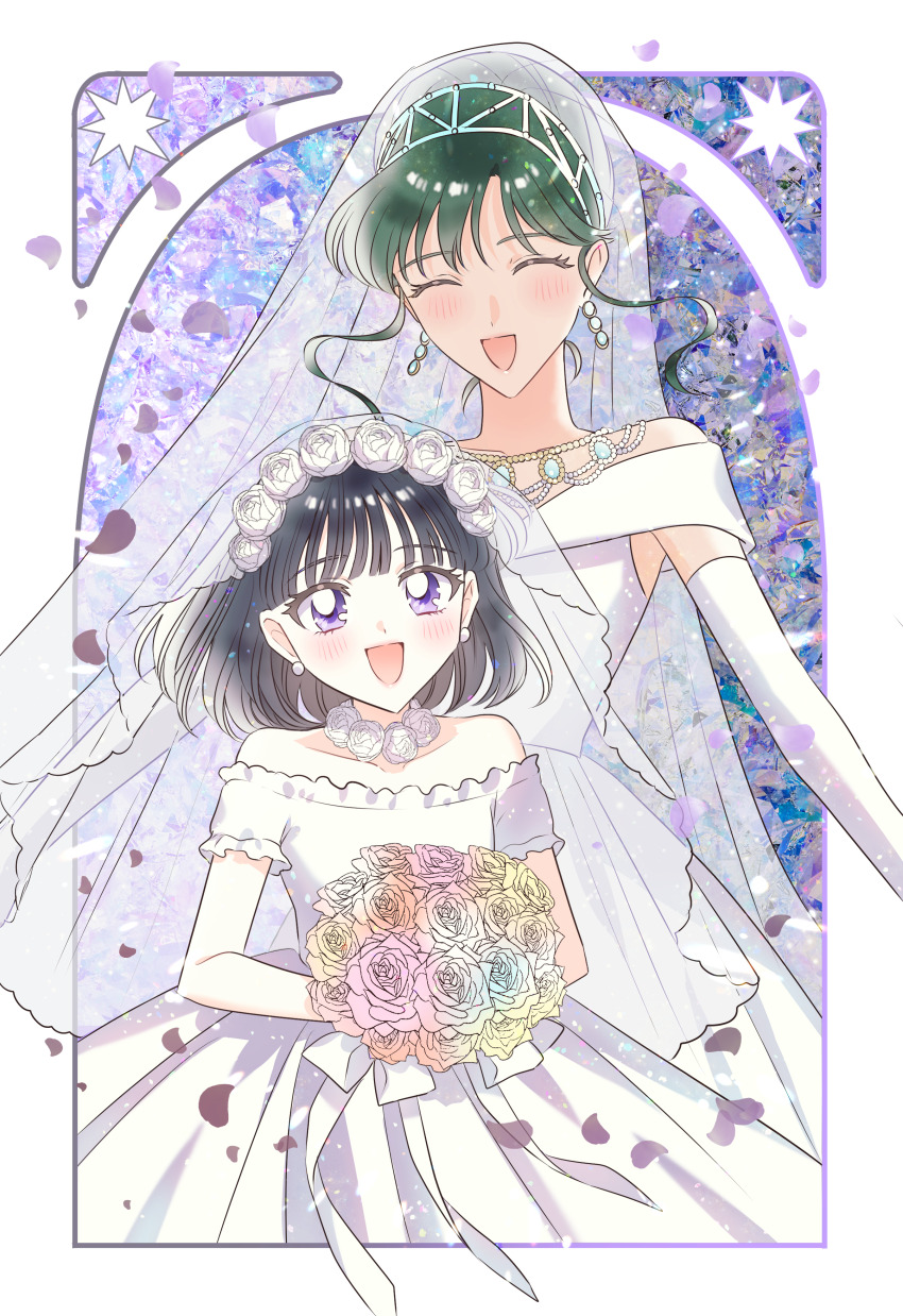 2girls :d absurdres alternate_hairstyle bare_shoulders bishoujo_senshi_sailor_moon black_hair blush bouquet bow bridal_veil child closed_eyes collarbone dark-skinned_female dark_skin dress earrings elbow_gloves facing_viewer female_focus flower flower_necklace gloves green_hair hair_flower hair_ornament highres holding holding_bouquet jewelry looking_at_viewer loveodoro meiou_setsuna multicolored_flower multicolored_rose multiple_girls necklace open_mouth purple_background purple_eyes purple_petals rose short_hair smile tomoe_hotaru veil wedding_dress white_bow white_dress white_flower white_gloves white_rose