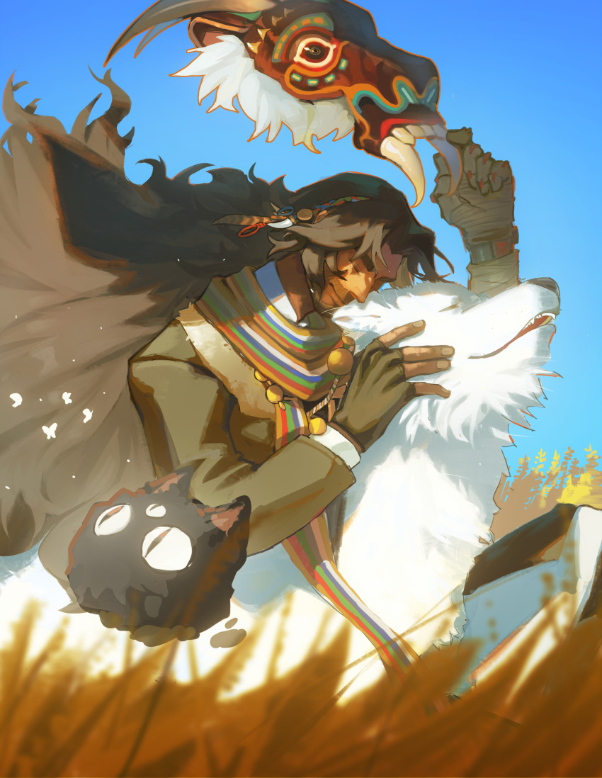 1boy absurdres akarinchan beard blue_sky brown_coat brown_gloves brown_hair carbuncle_(reverse:1999) closed_eyes coat creature dark-skinned_male dark_skin facial_hair fingerless_gloves floating_hair from_side gloves grass hand_on_animal hand_up head_down highres holding holding_mask long_hair male_focus mask mature_male mechanical_hands multicolored_scarf mustache outdoors profile reverse:1999 scarf shamane single_mechanical_hand sky solo upper_body wolf
