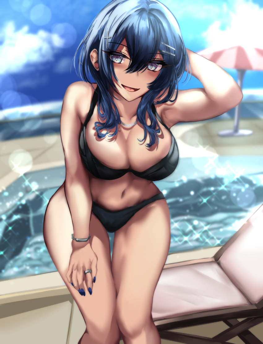 1girl aqua_eyes arm_up armpits bikini blue_eyes blue_hair blush breasts cleavage day feet_out_of_frame female_focus groin hair_between_eyes highres jewelry large_breasts legs long_hair looking_at_viewer nail_polish open_mouth original outdoors pool ring shoushin_gal_wo_netotte_haramasetai!! sky smile solo standing swimsuit thigh_gap thighs tonosama_penguin water wedding_band