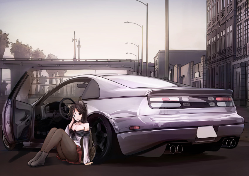 1girl 3books absurdres alternate_costume animal_ear_fluff animal_ears bare_shoulders black_boots black_hair black_pantyhose blush boots brown_eyes car collarbone commentary day elevated_highway full_body hand_on_own_face highres highway imaizumi_kagerou long_hair long_sleeves looking_at_viewer motor_vehicle nissan_300zx nissan_300zx_(z32) nissan_fairlady nissan_fairlady_z on_ground open_door outdoors pantyhose solo steering_wheel tagme touhou vehicle_focus