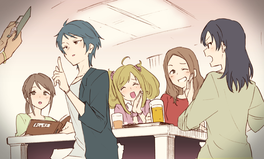 1other 5girls ^_^ ^o^ absurdres ahoge aoki_mei beer_bottle blush closed_eyes closed_eyes highres idolmaster idolmaster_cinderella_girls indoors looking_at_another mifune_miyu multiple_girls aoki_mei own_hands_together restaurant sato_shin sawada_marina sitting suika_(ekp2rpwr87) trainer_(idolmaster) wakui_rumi