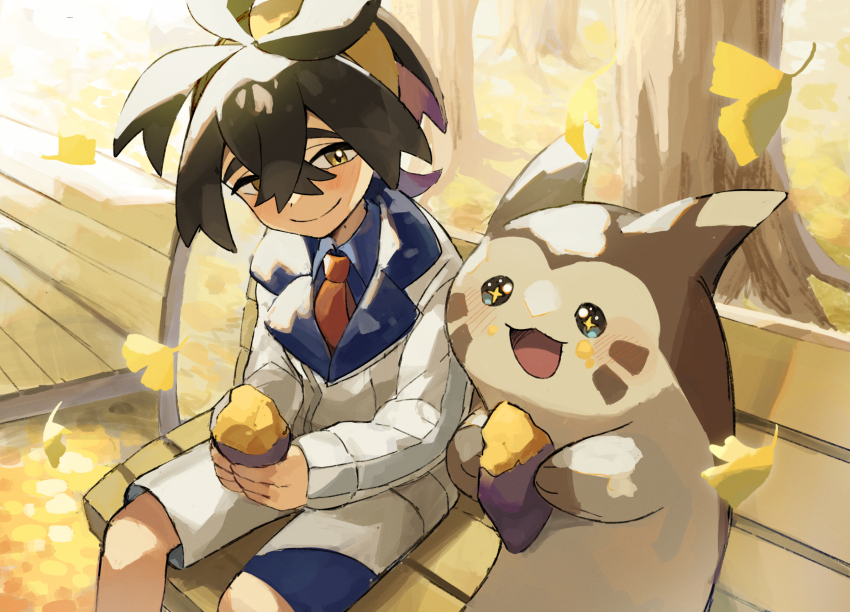 1boy autumn autumn_leaves bench black_hair blue_shirt collared_shirt creatures_(company) food food_on_face furret game_freak gen_2_pokemon hair_between_eyes hairband highres holding holding_food jacket kieran_(pokemon) leaf long_sleeves male_focus matsuda_(0yx38755230263c) mole mole_on_neck multicolored_hair nintendo open_mouth outdoors pokemon pokemon_(creature) pokemon_sv purple_hair shirt shorts sitting smile sparkle sparkling_eyes sweet_potato yellow_hairband
