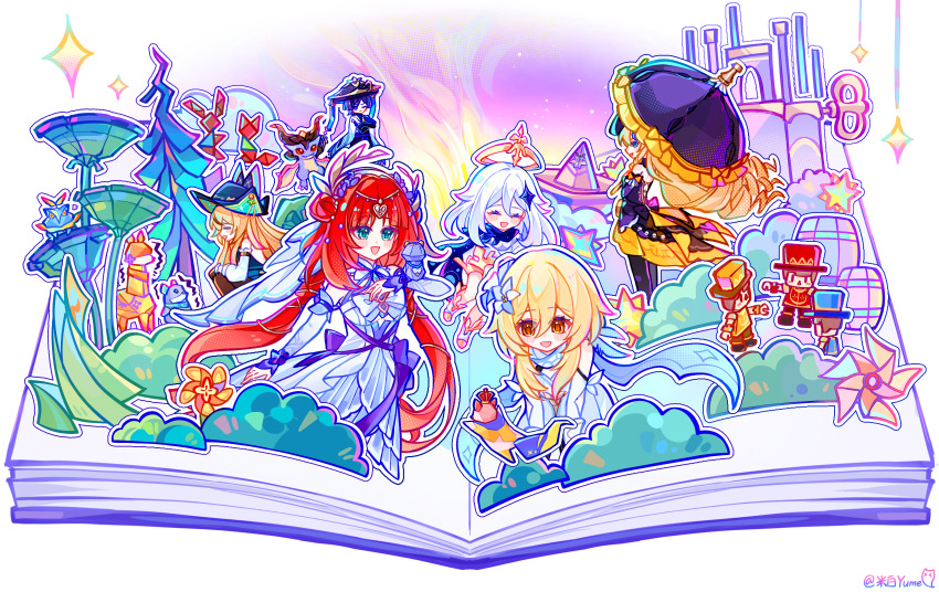 1boy 5girls absurdres bare_shoulders barrel blue_hair book bow commentary_request dress durin_(real)_(genshin_impact) floating frills genshin_impact hair_ornament hat highres kirara_(genshin_impact) kirara_(phantom_in_boots)_(genshin_impact) levitation lumine_(genshin_impact) mibai_yume mini_durin_(dragon)_(genshin_impact) mini_durin_(genshin_impact) multiple_girls navia_(genshin_impact) nilou_(breeze_of_sabaa)_(genshin_impact) nilou_(genshin_impact) on_book paimon_(genshin_impact) pinwheel pinwheel_hair_ornament pop-up_book red_hair scaramouche_(genshin_impact) sitting standing tree umbrella white_dress white_hair