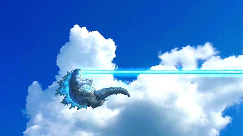 atomic_breath blue_eyes blue_sky breath_weapon claws cloud day energy energy_beam flying giant giant_monster glowing glowing_eyes glowing_spikes glowing_veins godzilla godzilla:_king_of_the_monsters godzilla_(series) kaiju legendary_pictures monster monsterverse mouth_beam no_humans no_pupils plasma plasma_beam sky spikes tail toho tsk03 veins veiny_spikes
