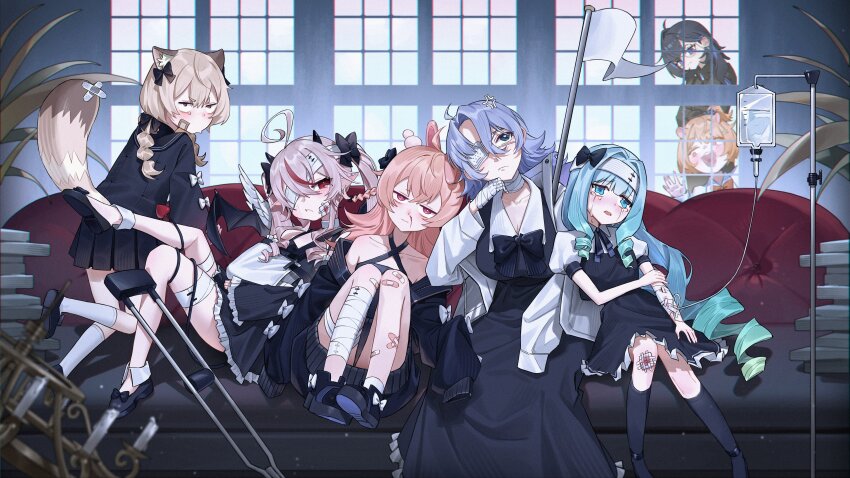 6+girls absurdres ahoge anger_vein animal_ears artist_request ayase_yuu bandage_on_cheek bandaged_hand bandaged_knees bandaged_leg bandages bandaid bandaid_on_leg bandaid_on_tail black_bow black_dress black_hair black_shoes black_socks black_wings blood blue_eyes blue_hair bow bowtie braid breasts chandelier cleavage closed_mouth collarbone crutch crying crying_with_eyes_open dress drill_hair eimi_isami eyepatch feathered_wings flag footwear_bow frilled_dress frills gradient_hair green_hair grey_hair hair_between_eyes hair_bow hamster_girl highres injury intravenous_drip jelly_hoshiumi komachi_panko multicolored_hair multiple_girls nosebleed open_mouth orange_bow orange_bowtie orange_hair phase_connect pink_eyes pink_hair pipkin_pippa plant pointy_ears rabbit_ears raccoon_ears raccoon_girl raccoon_tail red_eyes red_hair remilia_nephys second-party_source shisui_michiru_(phase_connect) shoes sitting sleeves_past_fingers sleeves_past_wrists socks streaked_hair tail tears twintails virtual_youtuber white_bow white_flag white_socks white_wings wings