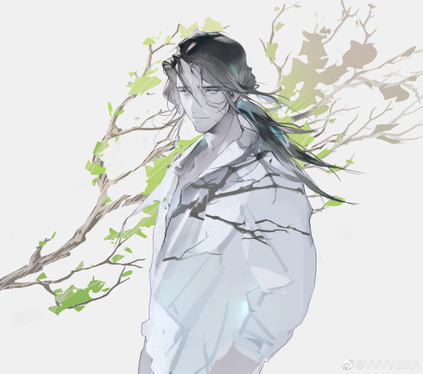 1boy absurdres arknights bishounen black_hair branch collared_shirt eboda-x hair_between_eyes half-closed_eyes highres light_smile long_hair looking_at_viewer male_focus multicolored_hair shirt solo sparse_stubble streaked_hair totter_(arknights) unfinished upper_body white_hair