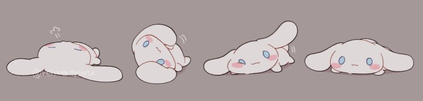 :3 animal animal_focus blue_eyes blush_stickers cinnamoroll commentary curled_tail dog fuwa_fuwa_cinnamoroll grey_background long_image lying multiple_views no_humans on_back on_stomach reimentyuru rolling sanrio simple_background smile symbol-only_commentary white_dog white_fur wide_image