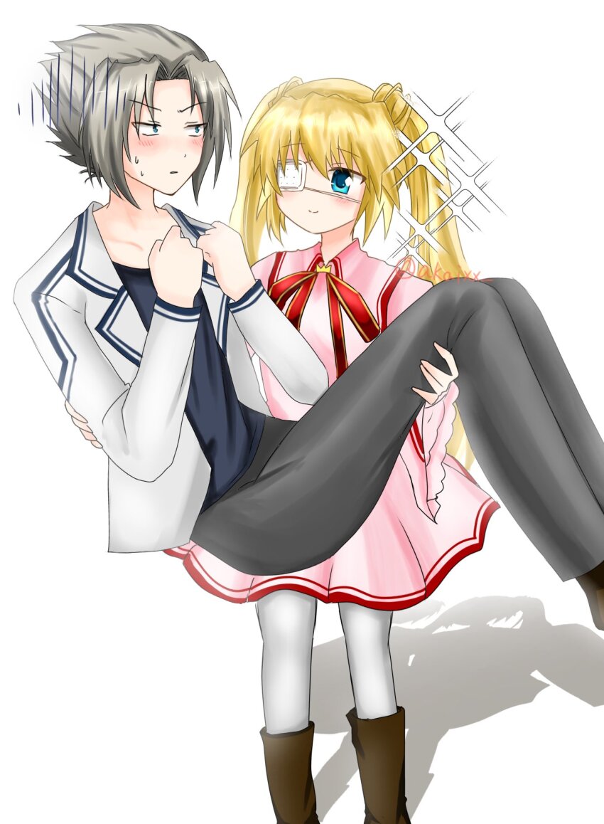 1boy 1girl akaixx black_shirt blonde_hair blue_eyes blush boots brown_footwear carrying closed_mouth commentary crown dress drop_shadow eyepatch grey_hair grey_pants hair_between_eyes hands_up highres jacket kazamatsuri_institute_high_school_uniform long_hair long_sleeves looking_at_another medical_eyepatch medium_hair mini_crown nakatsu_shizuru one_eye_covered open_clothes open_jacket pants pantyhose parted_lips pink_dress princess_carry red_ribbon rewrite ribbon role_reversal school_uniform shirt short_dress simple_background smile sparkle spiked_hair straight_hair sweatdrop tsurime twintails v-shaped_eyebrows white_background white_jacket white_pantyhose wide_sleeves yoshino_haruhiko