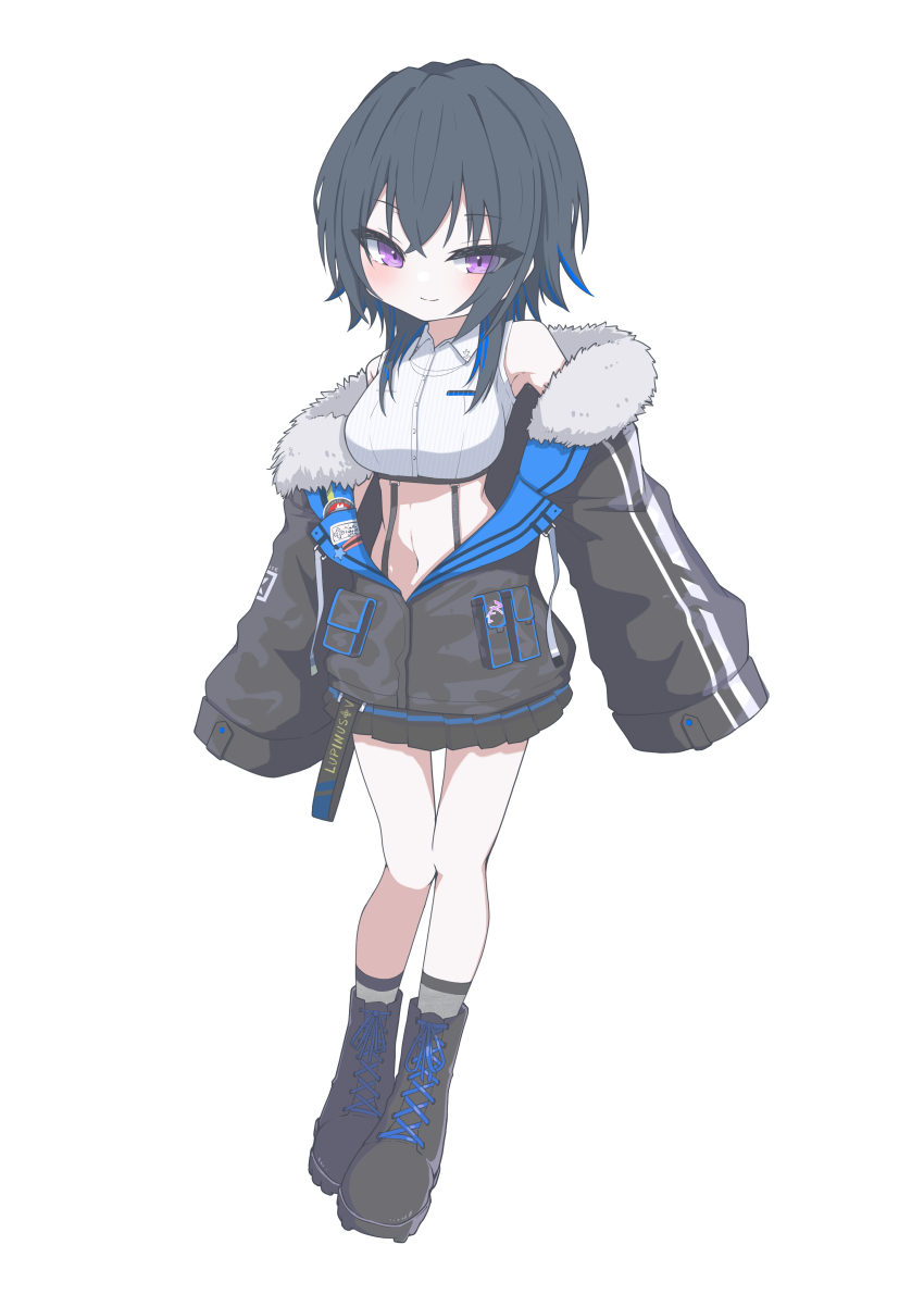 1girl absurdres black_boots black_hair black_jacket blue_hair blush boots closed_mouth commentary_request crop_top full_body fur-trimmed_jacket fur_trim hachimitsu_shitate highres ichinose_uruha ichinose_uruha_(4th_costume) jacket looking_at_viewer multicolored_hair navel purple_eyes simple_background solo streaked_hair two-tone_hair virtual_youtuber vspo! white_background