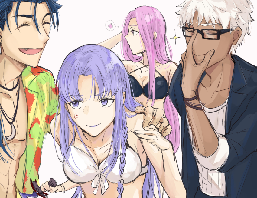2boys 2girls alternate_costume archer_(fate) archer_(summer_casual)_(fate) bikini blue_hair closed_eyes cu_chulainn_(casual_wear)_(fate) cu_chulainn_(fate) dark-skinned_male dark_skin fate/grand_order fate_(series) forehead glasses hawaiian_shirt medea_(caster)_(fate) medea_(fate) medusa_(fate) medusa_(rider)_(fate) multiple_boys multiple_girls n4390 official_alternate_costume parted_bangs purple_eyes purple_hair rulebreaker shirt simple_background sketch swimsuit white_background white_hair