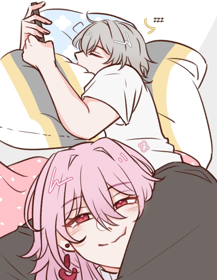 1boy 1girl adzukizu caelus_(honkai:_star_rail) closed_eyes closed_mouth earrings evernight_(honkai:_star_rail) heart heart-shaped_pupils highres honkai:_star_rail honkai_(series) i&#039;m_this_clingy_(meme) jewelry march_7th_(honkai:_star_rail) meme official_alternate_eye_color single_earring sleeping smile symbol-shaped_pupils trailblazer_(honkai:_star_rail) zzz