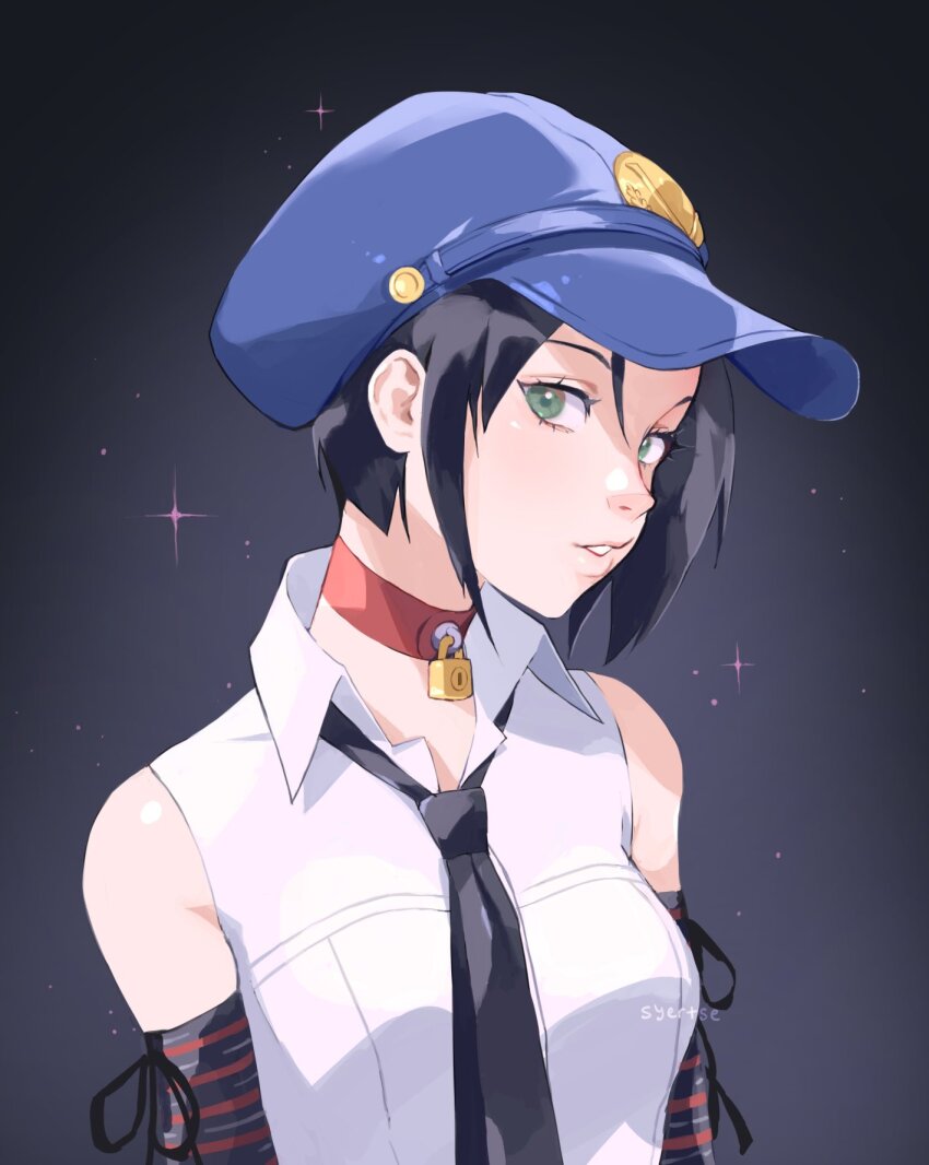 1girl bare_shoulders black_hair black_necktie blue_hat breasts choker collared_shirt elbow_gloves gloves gradient_background green_eyes hat highres lock looking_at_viewer loose_necktie marie_(persona_4) medium_breasts necktie padlock padlocked_choker parted_lips persona persona_4 persona_4_the_golden red_choker shirt short_hair sleeveless sleeveless_shirt solo sparkle syertse twitter_username upper_body white_shirt