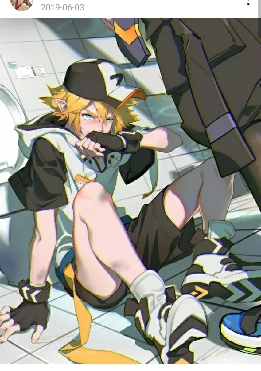 2boys aotu_world baseball_cap black_gloves black_hat black_shorts blonde_hair blue_eyes blush covering_own_mouth dated fingerless_gloves gloves grey_(aotu_world) hair_between_eyes hat highres hood hood_down hoodie king_(aotu_world) looking_at_viewer male_focus multicolored_hat multicolored_hoodie multiple_boys on_floor oten pointy_ears shoes short_hair short_sleeves shorts sitting sneakers socks solo_focus spiked_hair tile_floor tile_wall tiles white_hoodie white_shoes yaoi