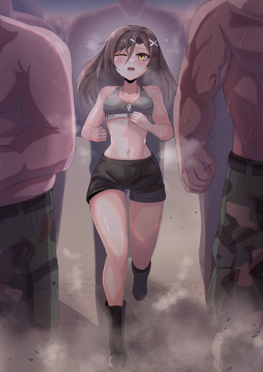 1girl absurdres blush boots breasts brown_hair camouflage camouflage_pants christina_brecht collarbone counter:side dog_tags floating_hair hair_between_eyes hair_ornament hairclip highres jogging long_hair multiple_boys muscular navel one_eye_closed open_mouth pants running shorts singwee small_breasts sports_bra steam steaming_body stomach sweat sweat_stain thighs x_hair_ornament yellow_eyes