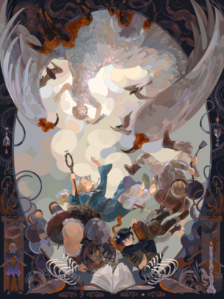 3boys 3girls abstract_background ambrosia_(dungeon_meshi) armor backpack bag bedroll bird_wings black_hair black_pants black_shoes blonde_hair blood blood_drop blue_capelet blue_robe bone book boots border bracer brown_boots brown_hair candle candlestand capelet chalice chicken_(food) chicken_leg chilchuck_tims chimera cloud commentary cooking_pot cup dragon_claw dungeon_meshi english_commentary falin_touden falin_touden_(chimera) falling food frying_pan fur_trim grey_pants grey_shirt harpy highres holding holding_cloth holding_cooking_pot holding_frying_pan holding_spatula holding_staff holding_stick izutsumi jdebbiel kensuke_(dungeon_meshi) laios_touden long_hair marcille_donato monster_girl multiple_boys multiple_girls mushroom open_book ornate_border pants pauldrons poleyn red_scales robe sandals senshi_(dungeon_meshi) shirt shoes short_hair shoulder_armor spatula staff stick sword taur thistle_(dungeon_meshi) upside-down vambraces weapon white_pants white_wings wings