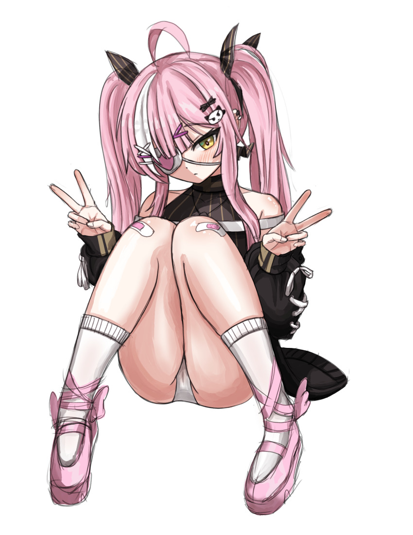 1girl absurdres ahoge azur_lane bandaid bandaid_on_knee bandaid_on_leg black_ribbon blush cameltoe closed_mouth double_v eyepatch hair_ornament hair_ribbon hairclip hands_up heart heart_eyepatch highres knees_up long_hair looking_at_viewer multicolored_hair panties pink_hair pink_shoes pitza ribbon shoes simple_background sitting socks solo streaked_hair twintails underwear v white_background white_hair white_panties white_socks x_hair_ornament yellow_eyes z47_(azur_lane)