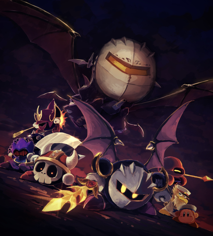 absurdres aircraft airship armor axe axe_knight_(kirby) bat_wings captain_vul cloud cloudy_sky dark_clouds fake_horns flail galaxia_(sword) halberd_(airship) helmet highres horned_helmet horns javelin_knight kirby_(series) kirby_super_star looking_at_viewer mace_knight mask meta_knight nintendo overcast polearm sailor_waddle_dee shoulder_armor skull sky suyasuyabi sword trident trident_knight weapon white_headwear wings