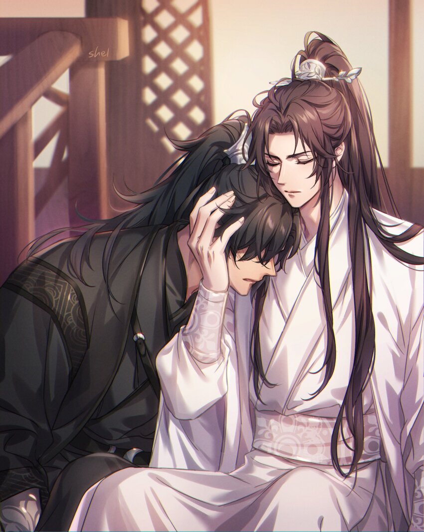 2boys absurdres black_hair black_hanfu black_sash brown_hair chest_belt chinese_clothes chu_wanning closed_eyes closed_mouth erha_he_tadebai_mao_shizun hair_over_eyes half_updo hand_on_another&#039;s_head hanfu high_ponytail highres korean_commentary long_hair long_sidelocks long_sleeves male_focus mo_ran multiple_boys open_mouth ponytail railing sash sidelocks sitting white_hanfu white_sash wide_sleeves xiao_guan_(headdress) zehel_az