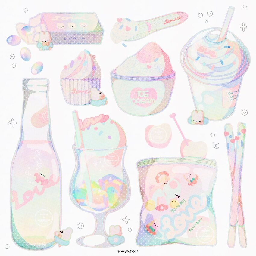 artist_name bubble closed_eyes commentary cup cupcake drinking_straw english_text food food_focus food_wrapper glass_bottle highres ice_cream milkshake moyaco no_humans original pastel_colors signature simple_background solid_circle_eyes solid_eyes spoon symbol-only_commentary white_background