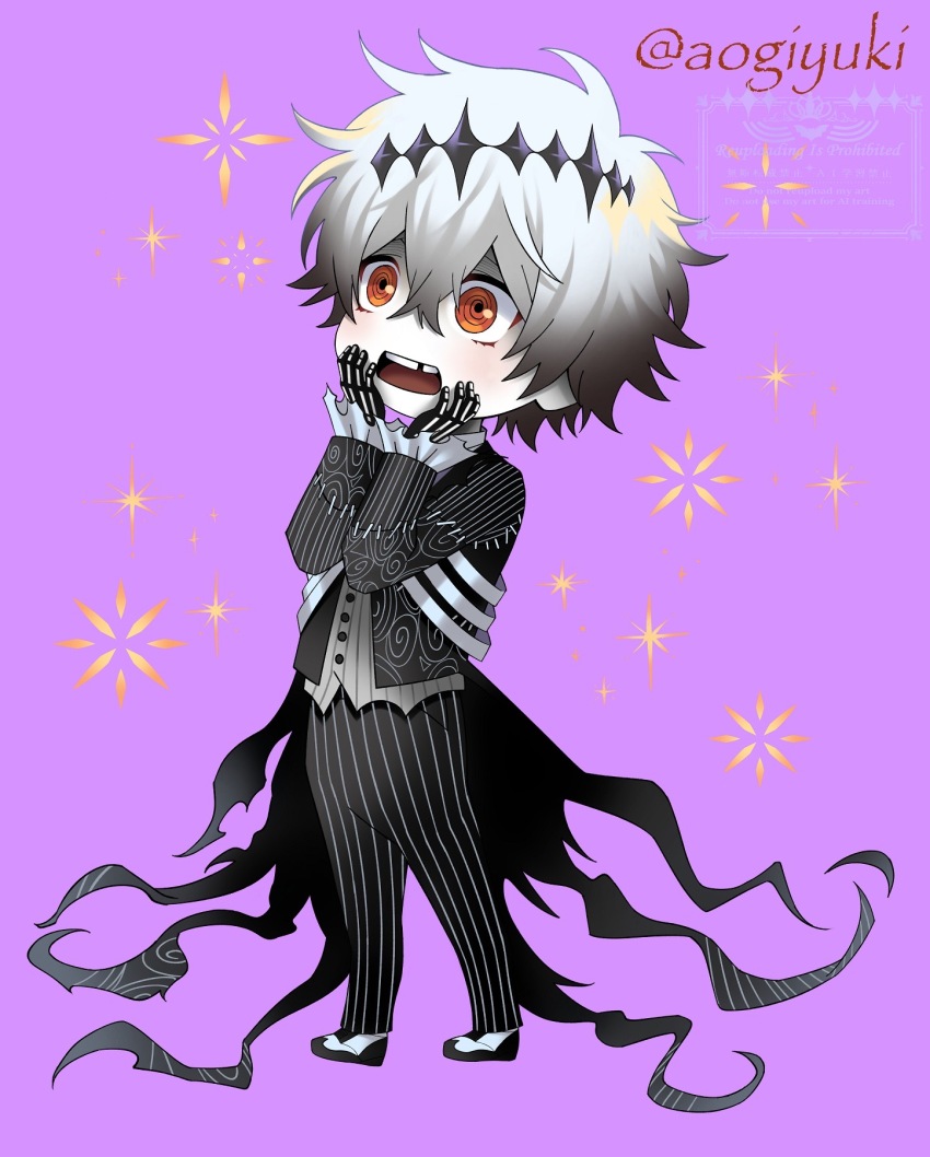 1boy aogiyuki bishounen black_crown blue_eyes crown diamond_hairband formal_clothes gloves highres long_sleeves looking_at_viewer male_focus pinstripe_pattern pinstripe_suit pinstripe_vest round_eyewear short_hair skeleton_print skully_j._graves smile solo striped_clothes suit the_nightmare_before_christmas twisted_wonderland vest white_hair