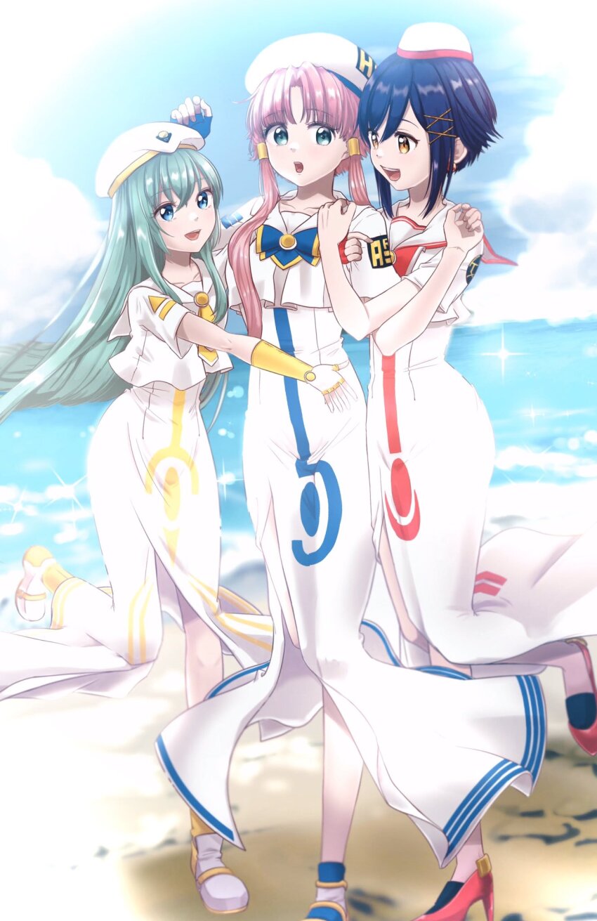 3girls aika_granzchesta alice_carroll aogirism aqua_eyes aria_(manga) aria_company_uniform arm_up beach beret blue_bow blue_bowtie blue_eyes blue_hair bow bowtie brown_eyes cloud cloudy_sky collarbone commentary_request crossed_bangs day dress eyelashes full_body gold_trim green_hair hair_between_eyes hair_ornament hands_up hat high_heels highres hug legs long_dress long_hair looking_at_another mizunashi_akari multiple_girls ocean open_mouth outdoors parted_bangs pink_hair print_dress red_bow red_bowtie red_footwear red_headwear sailor_collar short_hair_with_long_locks short_sleeves side_slit sky smile sparkle standing standing_on_one_leg swept_bangs teeth two-tone_headwear upper_teeth_only white_dress white_headwear x_hair_ornament