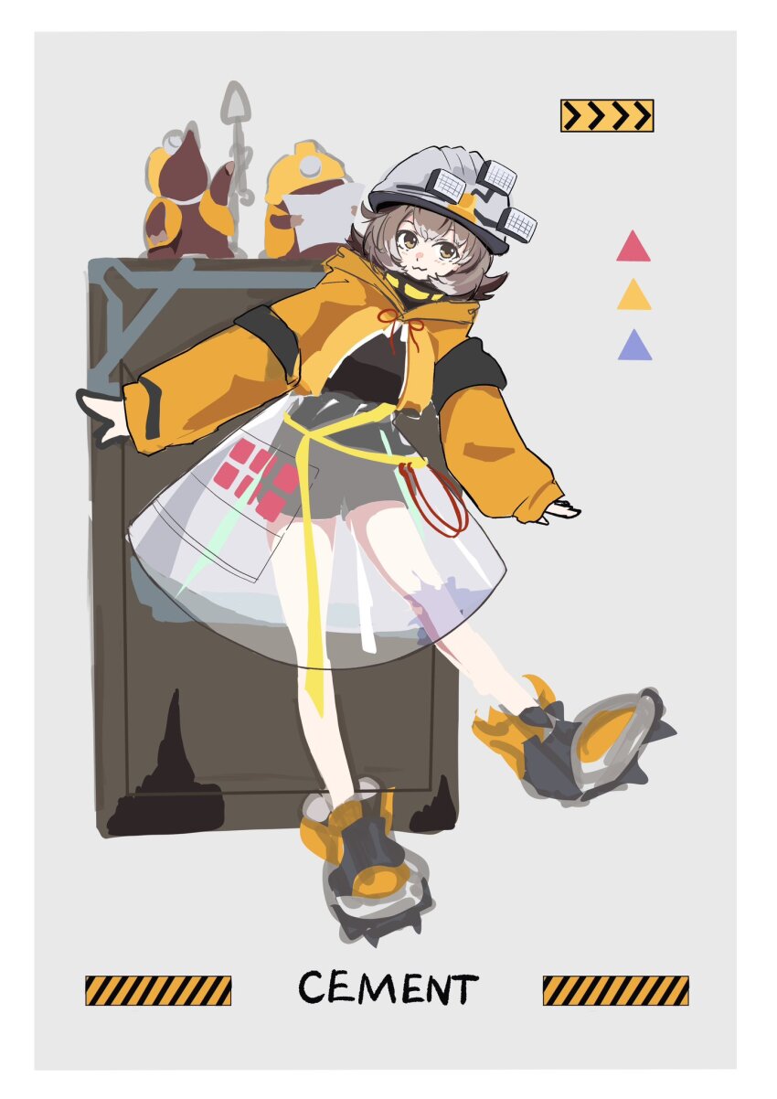1girl :3 animal_ears arknights black_shorts black_sweater brown_hair cement_(arknights) character_name closed_mouth commentary full_body grey_background hard_hat helmet highres jacket light_blush looking_at_viewer mole_(animal) one-hour_drawing_challenge pepazo398 see-through_clothes short_hair shorts sketch sleeves_past_wrists smile solo sweater triangle turtleneck turtleneck_sweater yellow_eyes yellow_jacket