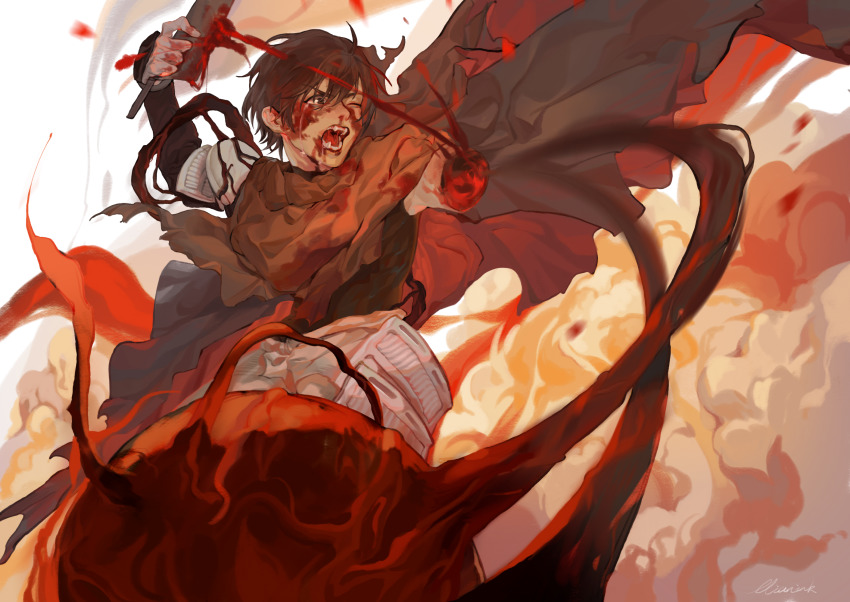 1boy amputee armor bags_under_eyes black_shirt bleeding blood blood_on_clothes blood_on_face body_horror brown_hair cape dust_cloud fangs fumetsu_no_anata_e grey_cape hand_up highres holding holding_knife huizhuan_song_shi japanese_armor kahaku_(fumetsu_no_anata_e) knife kusazuri long_sleeves looking_away looking_to_the_side male_focus monster nokkers_(fumetsu_no_anata_e) nosebleed one_eye_closed open_mouth self-harm self_harm shirt short_hair shoulder_armor single_sleeve smoke sode tears tentacles white_background