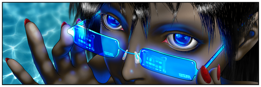 1girl augmented_reality black_hair blue_eyes blue_theme border close-up cyborg dark-skinned_female dark_skin deliciousorange eye_focus eyelashes female_focus glasses highres long_image nail_polish original pixiv science_fiction solo water wide_image