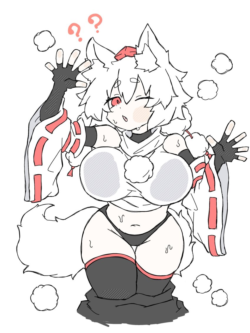 1girl ? ?? against_fourth_wall animal_ear_fluff animal_ears black_gloves black_panties black_skirt black_thighhighs breast_press breasts clothes_pull cowboy_shot detached_sleeves elbow_gloves fang fingerless_gloves fumomono gloves hat highres inubashiri_momiji large_breasts looking_at_viewer one_eye_closed open_mouth panties pom_pom_(clothes) red_eyes red_hat ribbon-trimmed_sleeves ribbon_trim shirt short_hair simple_background skirt skirt_pull sleeveless sleeveless_shirt solo tail thighhighs tokin_hat touhou turtleneck turtleneck_shirt underwear white_background white_hair white_shirt white_sleeves wolf_ears wolf_girl wolf_tail