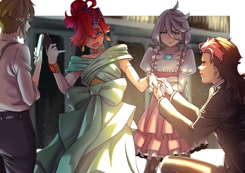 2boys 2girls absurdres aduti_momoyama black_hair blue_eyes bracelet brown_hair cellphone closed_mouth collarbone cosplay dress earrings elan_ceres elbow_gloves formal_clothes frills gloves green_dress green_hair grey_eyes guel_jeturk gundam gundam_suisei_no_majo hair_between_eyes hetero highres holding holding_phone jewelry juliet_sleeves kneeling laura_rolla laura_rolla_(cosplay) light_particles long_hair long_sleeves loran_cehack loran_cehack_(cosplay) miorine_rembran multicolored_hair multiple_boys multiple_girls open_mouth phone pink_hair puffy_sleeves red_hair serious short_hair smartphone sochie_heim sochie_heim_(cosplay) strapless strapless_dress suit suletta_mercury surprised suspenders swept_bangs turn_a_gundam two-tone_hair white_dress white_gloves white_hair