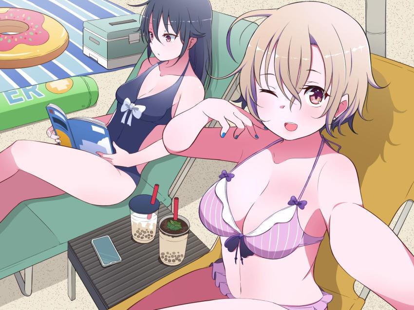 2girls ;d back_cutout beach_chair beach_towel bikini black_hair blue_nails bow bowtie breasts brown_eyes brown_hair bubble_tea cellphone cleavage clothing_cutout cooler cup day english_text facebook facebook-san hair_between_eyes hair_flaps halterneck hand_on_own_face highres holding holding_magazine innertube instagram instagram-san large_breasts long_hair looking_at_viewer magazine_(object) medium_breasts multiple_girls nail_polish one-piece_swimsuit one_eye_closed open_mouth outdoors personification phone pink_bikini reading selfie short_hair sitting smartphone smile swim_ring swimsuit towel tsukigi twitter-san_(tsukigi)