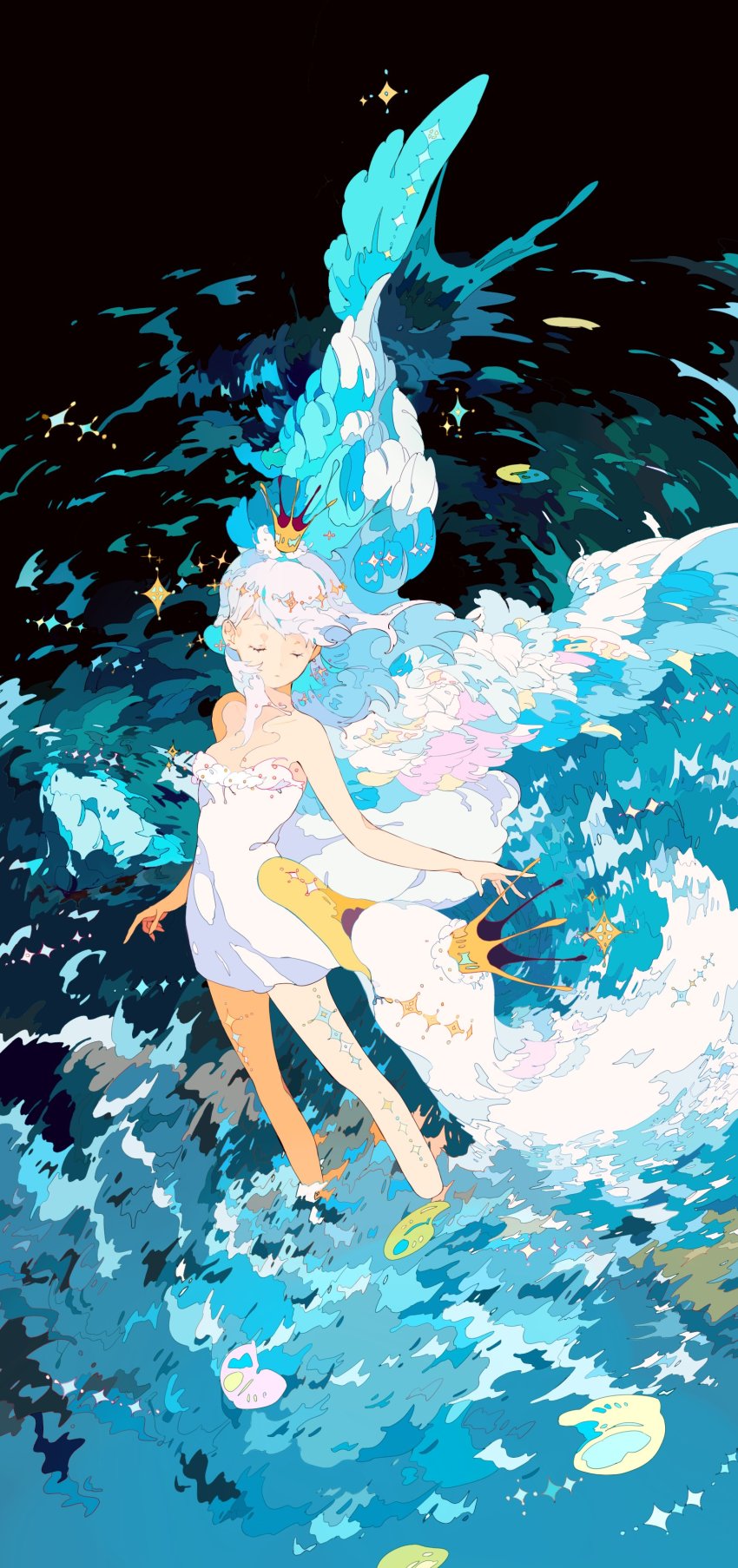 1girl absurdres animal arm_at_side bare_arms bare_legs bare_shoulders bird bird_wings blue_theme blue_wings body_markings breasts cleavage clothed_animal crown dress earrings facing_to_the_side floating_hair from_above halo highres jewelry liquid_wings long_hair n79oqc3yja6jlof original outstretched_arm short_dress sparkle standing strapless strapless_dress swan swan_lake wading water waves white_dress white_hair white_wings wings