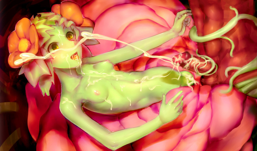 1girl abs ahobaka alraune breasts bukkake censored colored_skin consensual_tentacles cum cum_on_body cum_on_breasts cum_on_upper_body ejaculation faceless faceless_male facial flat_chest flower green_eyes green_skin hair_flower hair_ornament happy happy_sex lying monster_girl mosaic_censoring muscular navel nectar nipples nude on_back original penis plant plant_girl pointless_censoring red_skin skinny small_breasts smile solo_focus tail tailjob tentacle_sex tentacles vines