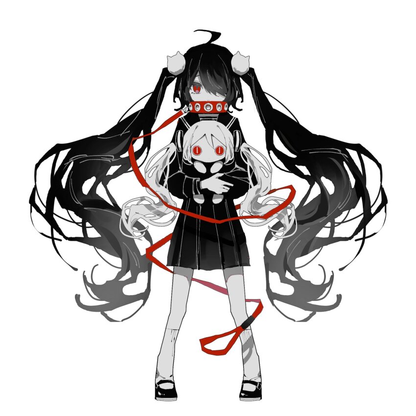 1girl ahoge aimaina animal_collar black_serafuku bokura_wa_minna_imi_fumei_(vocaloid) cat_hair_ornament closed_mouth collar commentary expressionless full_body greyscale hair_ornament hair_over_one_eye highres holding_chibi kneehighs leash long_hair long_sleeves looking_at_viewer mary_janes monochrome one_eye_covered pleated_skirt red_collar red_eyes school_uniform serafuku shoes simple_background skirt socks solo spot_color standing straight-on very_long_hair vocaloid watanabe_(seizouhanbai)
