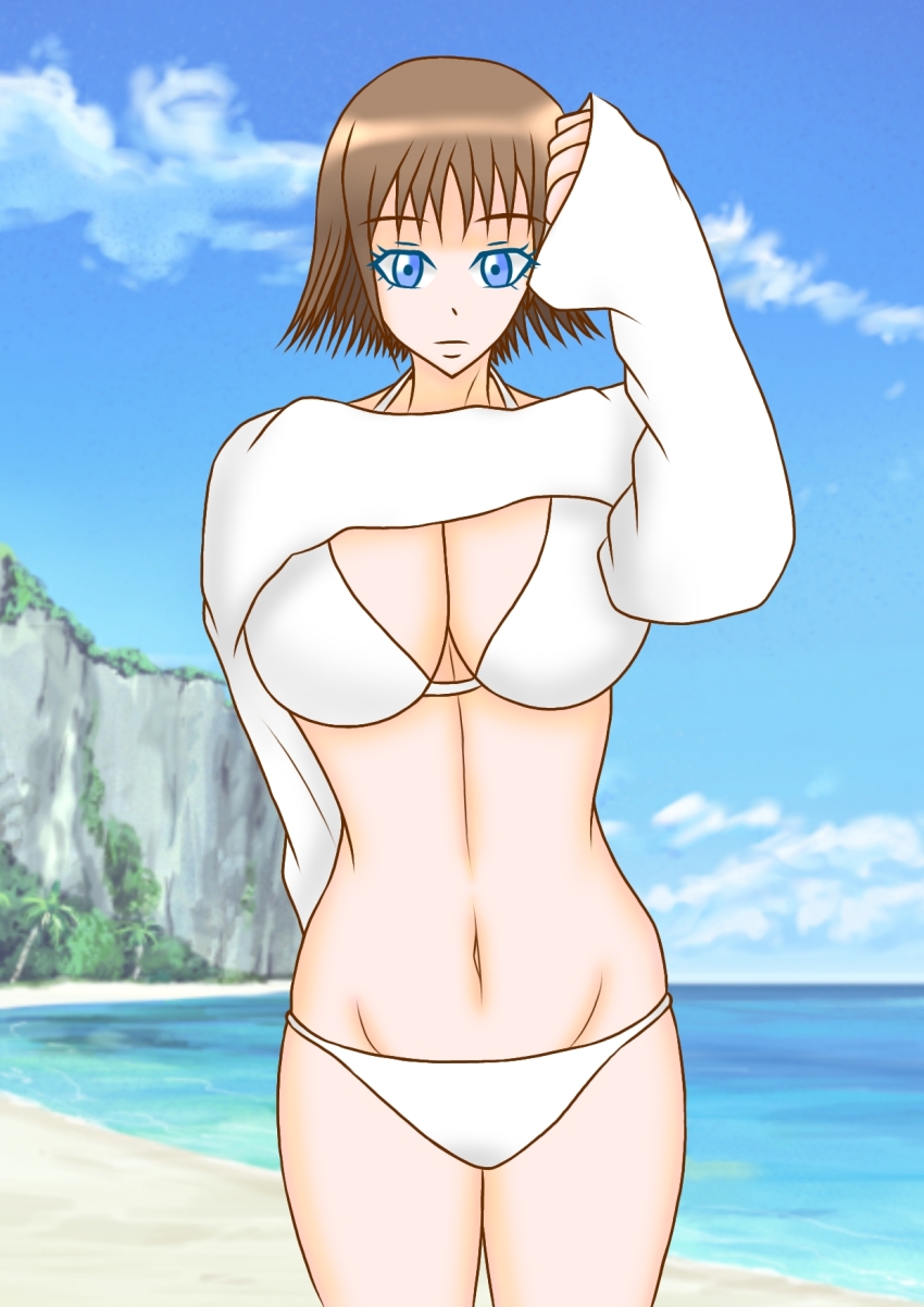 avataro_sentai_donbrothers beach bikini blue_eyes brown_hair highres mokuro_(artist) ocean sononi sononi_(donbrothers) super_sentai swimsuit vest